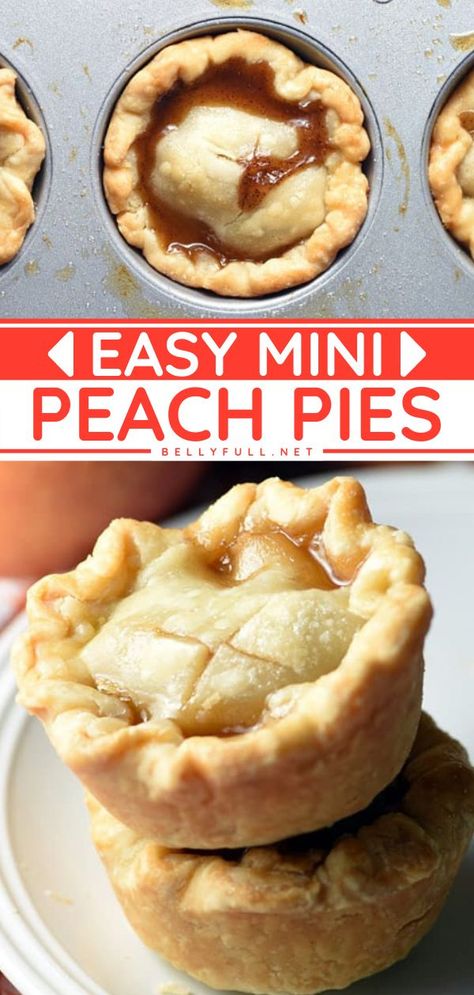 A hassle-free Easter dessert with just a few simple ingredients! Full of fresh peaches, you will love these mini pies to the moon and back. While this easy dessert recipe only makes four, you can… Mini Peach Pies, Easy Peach Pie, Peach Pies, Peach Pie Recipes, Tin Recipes, Easy Dessert Recipe, Muffin Tin Recipes, Canned Fruit, Peach Jam