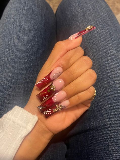 Red 90s Nails, Nails For Dark Skin, 90s Nails, Goth Nails, Racun Shopee, Dope Nail Designs, Unique Acrylic Nails, Long Square Acrylic Nails, Dark Nails