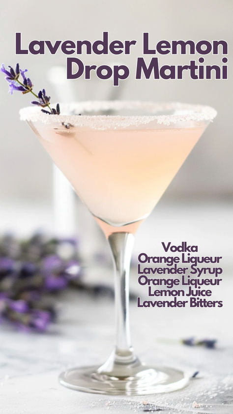 Lavender Lemon Drop Martini Lemon Lavender Martini, Lavender Lemon Drop Martini, Summer Martini Recipes, Lavender Lemon Drop, Vodka Orange, Liquor Recipes, Cocktail Drinks Alcoholic, Lemon Drop Martini, Yummy Alcoholic Drinks