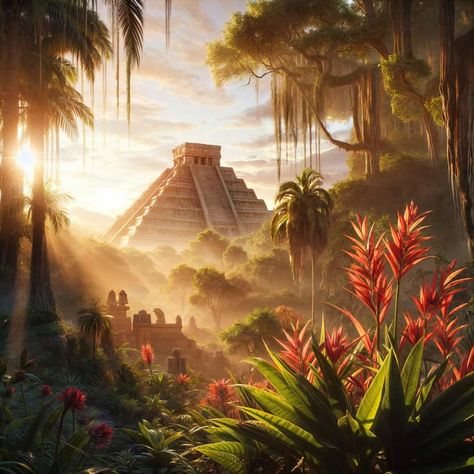 Aztec Landscape, Jungle Temple, Fantasy Locations, Aztec Warrior, Safe Haven, Fantasy Landscape, Dream Home Design, Lotus Flower, Exterior Design