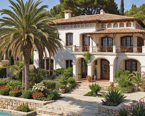 Mediterranean House with Garden and Stairs - Design Ideas AI Meditterean House, House With A Garden, Empty Nester House Plans, Mediterranean Houses, Balcony Exterior, Retirement House Plans, House With Garden, Mediterranean Homes Exterior, Beautiful Vacation Spots