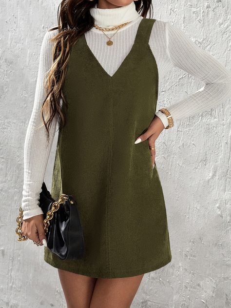 SHEIN PETITE Solid Corduroy Overall Dress Without Sweater Corduroy Pinafore Dress, Corduroy Overall Dress, Gorgeous Outfits, Mode Casual, Cute Fall Outfits, Outfit Inspo Fall, Overall Dress, Business Casual Outfits, Mode Inspiration