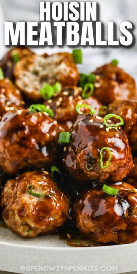 Try these easy Asian inspired meatballs made with hoisin sauce, sesame, ginger, & lime! This sticky and tangy sauce is super tasty! #spendwithpennies #asianmeatballs #meatballs #entree #appetizer #sticky #easy #sauce #spicy #pork #baked #oven #sweetandspicy #homemade #asian Meatballs Entree, Hoisin Meatballs, Asian Pork Meatballs, Meatballs Sauce Recipe, Asian Meatballs, Tender Meatballs, Glazed Meatballs, Asian Pork, Meatball Recipes Easy