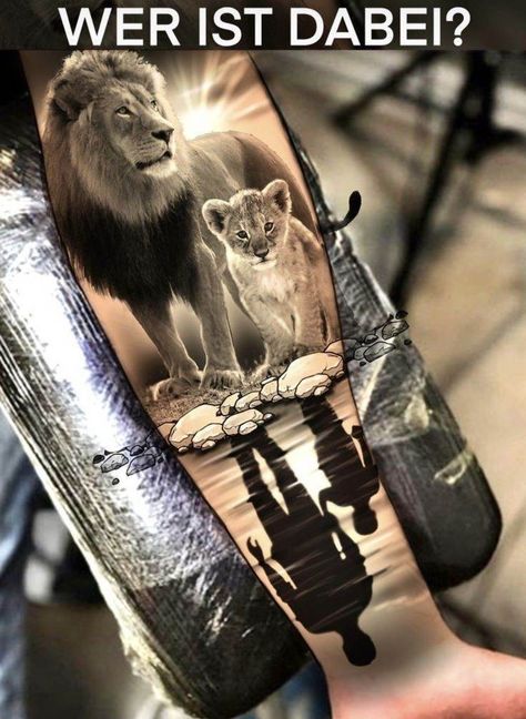 Baby Tattoo For Dads, Family Sleeve Tattoo, Lion Arm Tattoo, Cub Tattoo, Wolf Sleeve, Father Son Tattoo, Arm Tattoos For Guys Forearm, Tattoo Homme, Family Tattoos For Men