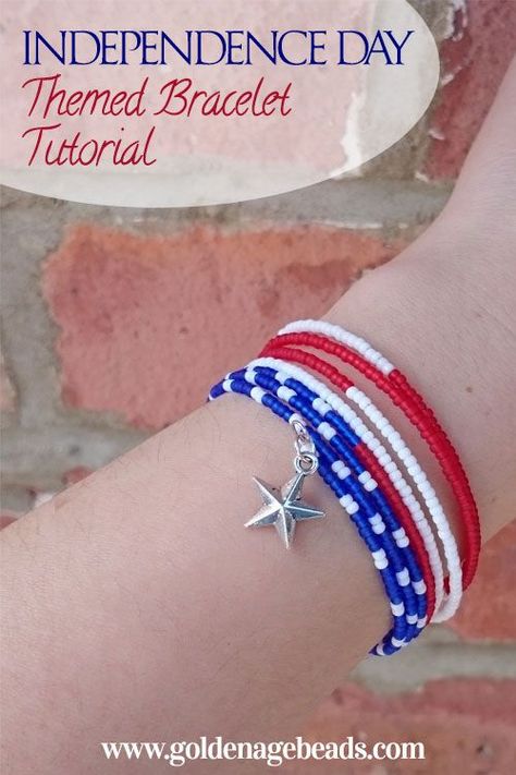 In this bracelet tutorial, we’ve created an American flag pattern by using red and white beads for the stripes along with blue and white beads for the stars. Pulseras Kandi, Fourth Of July Outfit, Flag Bracelet, Memory Wire Jewelry, Patriotic Jewelry, Beaded Things, Beaded Memory Wire, Wire Bracelets, Flag Pattern