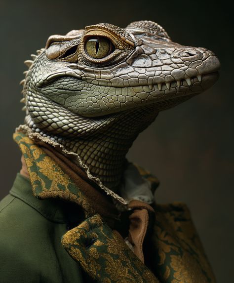 Regal Reptile: The Aristocratic Lizard Portrait Lizard Portrait, Enchanted Princess, Vintage Attire, Yellow Coat, Winter Attire, Powerful Images, Primates, Fantasy Landscape, Reptiles