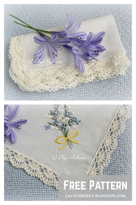 Crochet Lace Handkerchief, Crochet Lace Edge Patterns Free, Crochet Handkerchief Pattern, Crochet Lace Edging Pattern Free, Handkerchief Crochet, Crocheted Edgings, Sweater Design Ideas, Heirloom Projects, Laces Designs