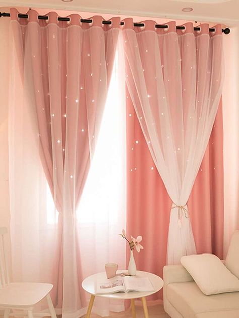 1pc Star Hollow Out Double Layer Curtain | SHEIN USA Pink Dorm Room Decor, Deco Violet, Pink Dorm Rooms, Curtains Living Room Modern, Pink Dorm, Hostel Room, Cute Curtains, Layered Curtains, Dorm Room Designs