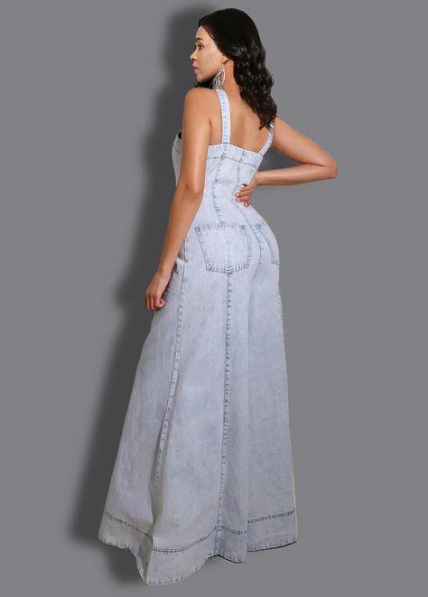 Denim Jumpsuits, Latest Dress For Women, Stitching Dresses, Geometric Print Dress, Jumpsuits And Rompers, Round Neck Dresses, Clothes Women, Denim Jumpsuit, Trendy Dresses