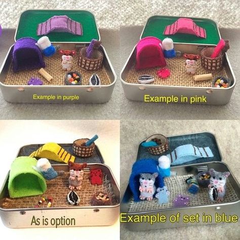 Pocket Stuffed Animals, Crafts For Hamsters, Hamster Craft, Altoids Box Ideas, Felt Hamster, Hamster Plush, Mint Tin Crafts, Tin Crafts, Matchbox Crafts