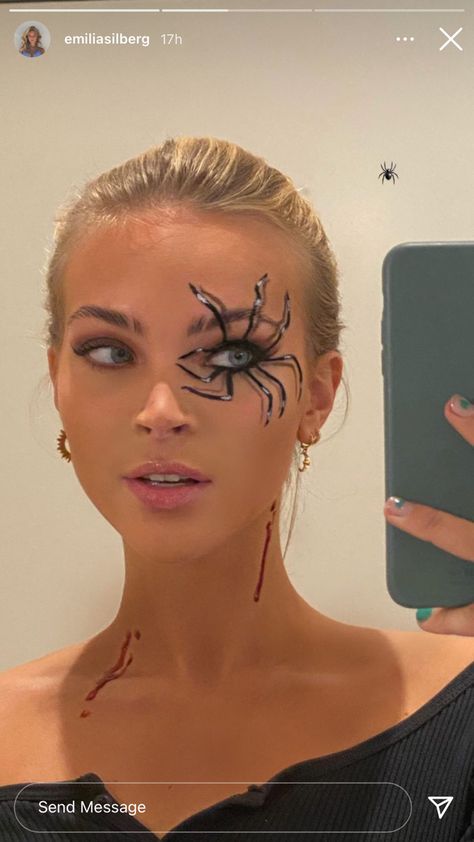 Spider Eye Face Paint, Simple Halloween Makeup Looks Eyeliner, Spooky Makeup Ideas, Spider On Face Makeup, Haloween Mackup Ideas Simple, Animal Makeup Easy, Spooky Face Paint, Spiderweb Eye Makeup, Easy Halloween Makeup Ideas Simple