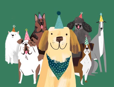 Dog Party Illustration, Pet Illustration Dog, Dog Flat Illustration, Family With Dog Illustration, Playful Dog Illustration, Dog Party Hat, Birthday Illustration, Group Of Dogs, 강아지 그림