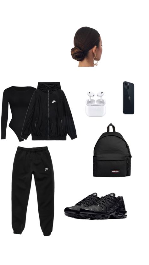 Cute All Black Outfits For School, How To Style Black Shoes, How To Style Black Sweatpants, Outfit Ideas Board, Outfit Ideas With Sneakers, Cute All Black Outfits, Black Joggers Outfit, Outfit Jogging, Black Outfits For Women