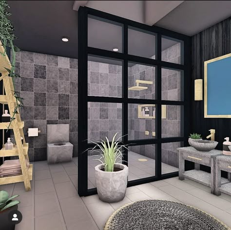 Rich Bloxburg House Ideas, Bloxburg Black House Ideas, Master Bedrooms Decor Modern Bloxburg, Black Modern House Bloxburg, Bloxburg Master Room Ideas Modern, Modern Bloxburg Bathroom Ideas, Bloxburg Luxury Apartment Layout, Roblox Bloxburg Mansion Layout 2 Story, Bloxburg Driveway Ideas Modern