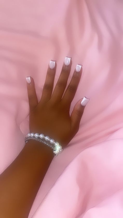 Nails, french tip , black women french tip , short sets French Tip Press On Nails Short, Shirt French Tip Acrylic Nails, Short French Tips With Charms, Pink Bottoms Nails, Cute Nail Ideas French Tips, Short Deep French Nails, Short White French Tip Acrylic Nails, Short French Tip Acrylic Nails Black, Glitter French Tips Short