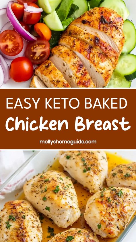 Indulge in a delicious and low-carb meal with this keto baked chicken breast recipe. Enjoy tender, juicy chicken seasoned to perfection and baked until golden brown. This simple yet flavorful dish is perfect for anyone following a ketogenic lifestyle or looking for a healthy dinner option. Packed with protein and easy to make, this keto-friendly recipe will become a staple in your meal rotation. Serve it with your favorite side dishes or salads for a wholesome and satisfying meal that the whole Easy Baked Chicken Healthy, Simple Keto Chicken Recipes, Healthy Flavorful Chicken Recipes, Easy Baked Chicken Recipes 4 Ingredients, Chicken No Carb Recipes, Baked Chicken Dinner Ideas Healthy, Chicken Recipes Baked Easy, Healthy Baked Chicken Recipes Low Carb, Healthy Low Carb Chicken Recipes