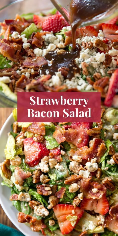 With its varying textures and the simple honey balsamic vinaigrette on top, this is our favorite strawberry bacon salad. #saladrecipes #bacon #favoriterecipes Strawberry Bacon Salad, Chicken Bacon Salad, Salads With Meat, Bacon Kale, Strawberry Salad Recipe, Homemade Baking Recipes, Honey Balsamic Vinaigrette, Desserts Pie, Recipe Keeper