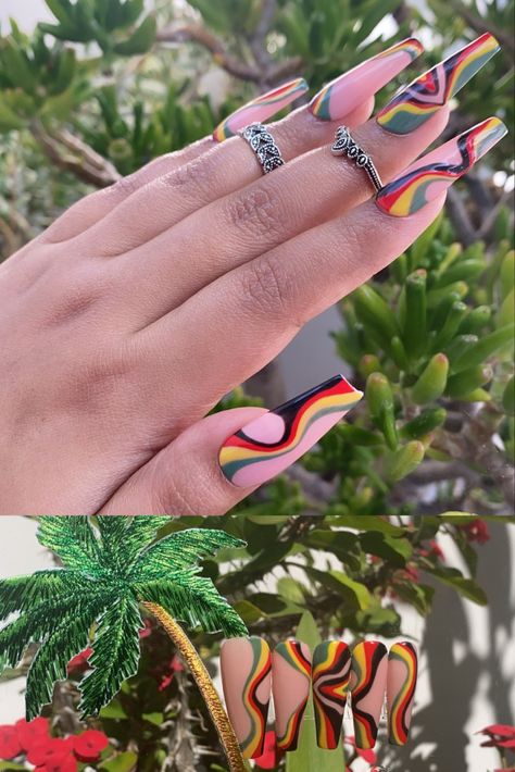 Nails For Jamaica Trip, Rasta Color Nails, Rasta Nails Acrylic, Reggae Nails Rasta Colors, Rasta Nails Design, Jamaica Nail Designs, Jamaican Nails Ideas, Reggae Nails, Jamaican Nail Designs