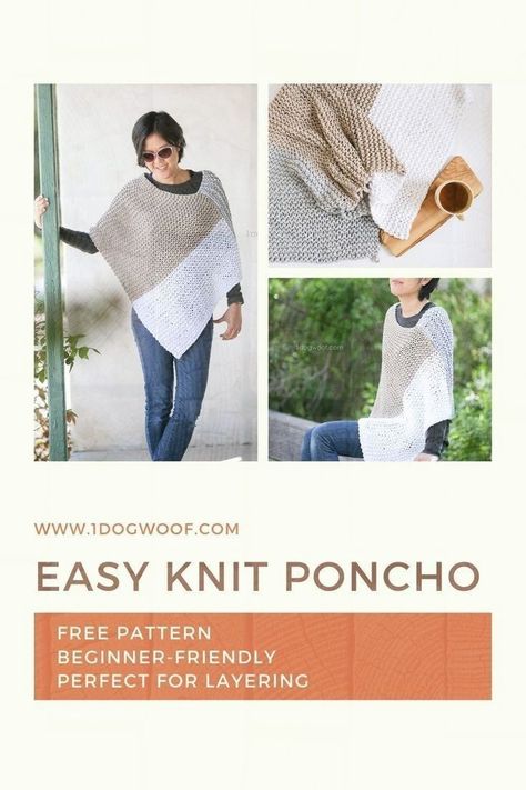 Easy Knit Poncho, Knit Garter Stitch, Poncho Au Crochet, Knitting Poncho, Beginner Knitting, Knitting Patterns Free Sweater, Poncho Knitting Patterns, Knit Stitches, Easy Knit