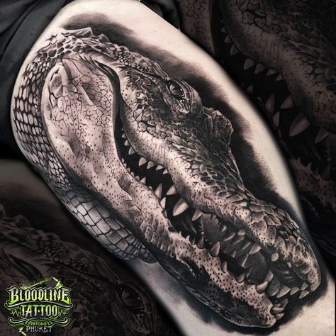 Bloodline Tattoo, Realistic Tattoo Design, Arm Tattoos Lettering, Alligator Tattoo, Crocodile Tattoo, Crocodile Head, Upper Thigh Tattoos, Small Back Tattoos, Bookings Available