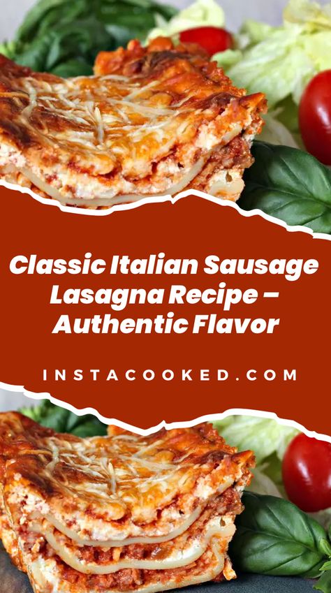 A delectable Italian Sausage Lasagna, featuring layers of tender lasagna noodles, flavorful Italian sausage, and a rich marinara sauce. The dish is generously layered with creamy ricotta, mozzarella, and Parmesan cheeses, and fresh spinach, all baked to a golden perfection. Ideal for a satisfying family dinner. Sausage Lasagna Recipe, Authentic Italian Lasagna, Lasagna Recipe Easy, Italian Sausage Lasagna, Italian Lasagna, Sausage Lasagna, Slow Cooker Lasagna, Cheese Lasagna, Classic Lasagna