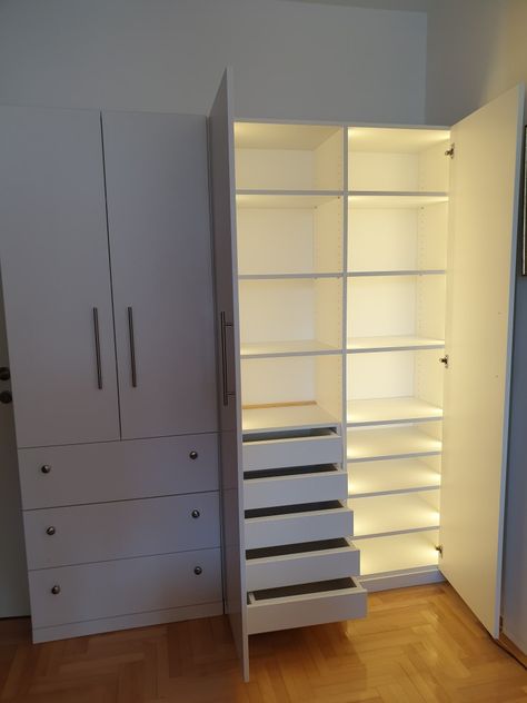 LED light Closet Bedroom Drawers Light Up Wardrobe, Closet With Lights, White Closet, Light Dress, Cabinets Organization, New Room, Dream Room, Room Inspo, Armoire