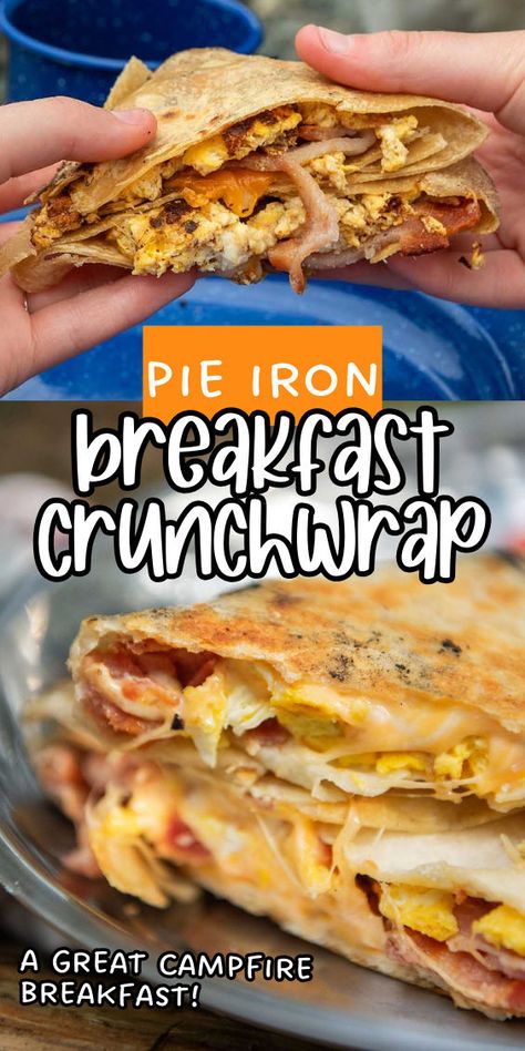 Breakfast crunch wrap made in a pie iron Pie Iron Breakfast, Breakfast Crunchwrap Recipe, Breakfast Crunch Wrap, Crunch Wrap Recipe, Taco Bell Recipe, Breakfast Crunchwrap, Crunchwrap Recipe, Pie Iron Recipes, Campfire Breakfast