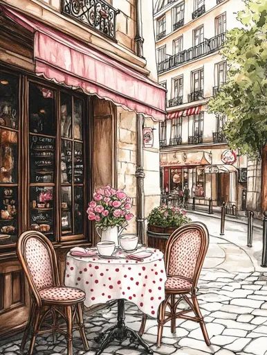 ↑↑↑ Larger size on website 🔸 A watercolor painting depicts a Parisian street scene. A charming cafe with a pink awning and a wind Watercolor Street Scenes, Paris Cafe Painting, Cafe Awning, Irani Cafe, Paris Drawing, Cafe Scene, Cobblestone Street, Pink Cafe, Parisian Street