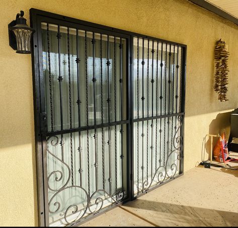 Security gate over sliding glass doors Security Sliding Doors Patio, Glass Door With Grill, Sliding Glass Door Security, Youtube Room, Sliding Gate Design, Security Door Design, Burglar Bars, Copper House, Iron Door Design