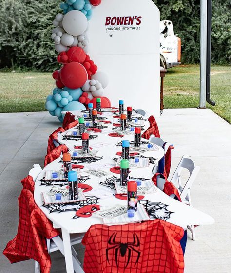 Spider-Man Theme ready for action!! @the_box_babe nailed this setup!! Check her out for your party needs!! Spider Man Birthday Party Decor, Spiderman Birthday Table Decor, Spidy Party Ideas, Spiderman Themed Birthday Party, Spiderman Themed Food, Spiderman 3rd Birthday Party, Spider-man Party, Spiderman Theme Birthday Party, Spider Man Birthday Party Ideas