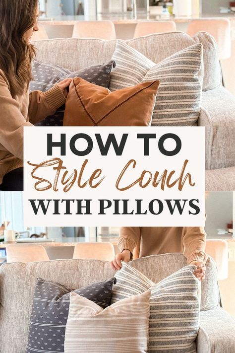 how to style couch with pillows Beige Couch Pillows, Style Couch Pillows, Gray Sofa Styling, Beige Couch Living Room, Couch Pillow Arrangement, Bedroom Pillows Arrangement, Throw Pillow Arrangement, Couch With Pillows, Farmhouse Couch