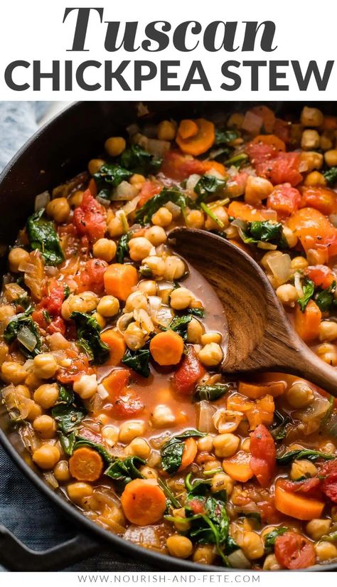 With simple ingredients and bright flavors, this easy Tuscan chickpea stew is a healthy and delicious meatless meal made in about 30 minutes! Meatless Stew Recipes, Meatless Dinners Crockpot, Mediterranean Chickpea Stew, Rastafarian Food Recipes, Meatless Healthy Meals, Recipes With Legumes, Chickpea Soup Vegan, Chickpea Stew Recipes, Meatless Crockpot Meals