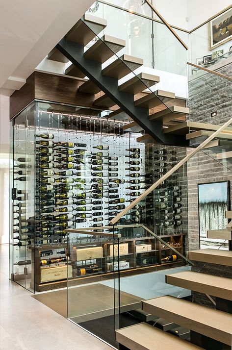 Contemporary Wine Room, Wooden Wine Cellar, Contemporary Staircase Design, Wine Cellar Modern, Under Stairs Wine Cellar, Glass Wine Cellar, Glass Railings, Contemporary Staircase, Home Wine Cellars