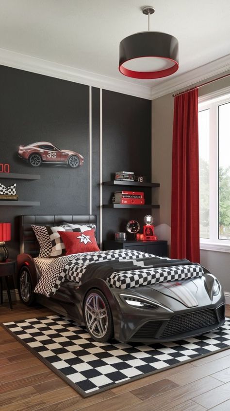 Garage Theme Bedroom, Car Theme Room, Racing Bedroom, Boys Car Bedroom, Boy Car Room, Teen Boy Bedroom Ideas, Car Themed Rooms, Cars Bedroom Decor, Cars Bedroom