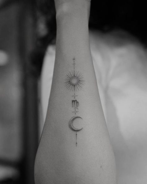 Virgo Ear Tattoo, Moon Zodiac Tattoo, Virgo Tattoo Behind Ear, Sun And Moon Astrology, Virgo Sign Tattoo, Zodiac Sign Symbols, Moon Zodiac, Sun And Moon Tattoo, Daughter Tattoo