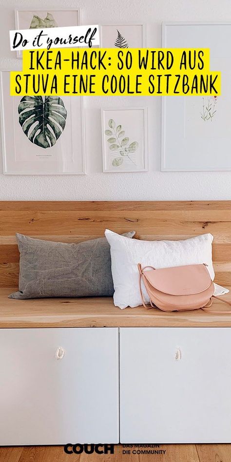 Ikea-Hack: Maditashaus hat aus der Kinderzimmer-Serie Stuva eine schöne Sitzbank mit Stauraum für den Flur gebaut. Uk Townhouse, Danish Decor, Diy Bank, Ikea Stuva, Ikea Inspiration, Sitting Bench, Living Styles, Ikea Hack, Facebook Instagram