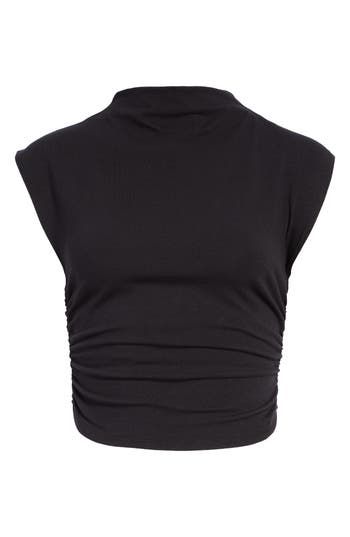 Break out of the shell habit with this cropped and ruched top styled with cap sleeves and a slouchy mock neck in a super-stretchy organic cotton. 20" length (size Medium) 88% organic cotton, 12% spandex Machine wash, tumble dry Made in the USA Black Cotton Crop Top, Sephora Dress, Super Cropped Top, Outfit Aesthetics, Corporate Baddie, Ruched Crop Top, Top Clothes, Dressy Casual Outfits, Effortlessly Chic Outfits