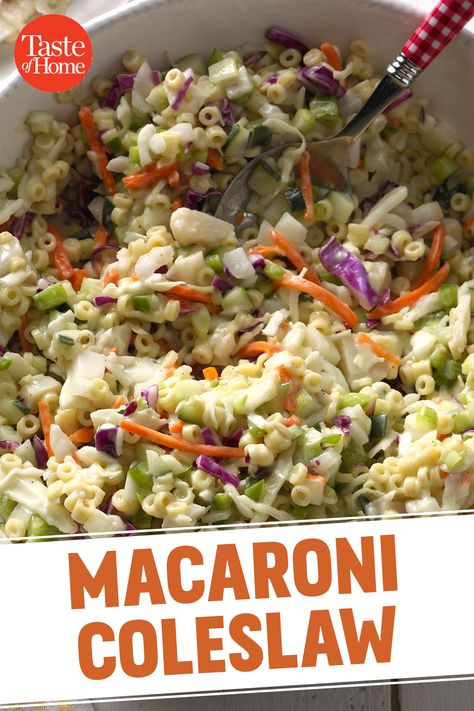 Macaroni Coleslaw, Potluck Salads, Outdoor Party Foods, Cabbage Recipes Healthy, Potluck Salad, Beef Pasta Recipes, Summertime Salads, Coleslaw Salad, Best Macaroni Salad