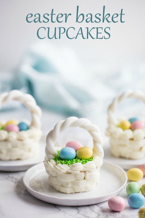 Easter Basket Cupcakes with American-Style Buttercream - Baking A Moment Basket Cupcakes, Easter Cupcake Recipes, Easter Basket Cupcakes, Easter Cake Easy, Easter Cupcakes Easy, Bake Ideas, Easter Cake Recipes, Spring Cupcakes, Spring Baking