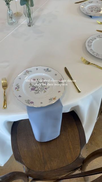 Texas Wedding Photographer on Instagram: "thrifted + vintage reception plates !!!  she also hand scrubbed every single goodwill sticker off too  #weddingreception #vintagewedding #thrifteddecor #weddingdiy" Thrifting For Wedding, Thrifted Wedding Dishes, Thrifted China Wedding, Thrifted Wedding Plates, Thrifted Plates Wedding, Thrifted Wedding Ideas, Thrifted Wedding Decor, Goodwill Wedding, Thrift Wedding