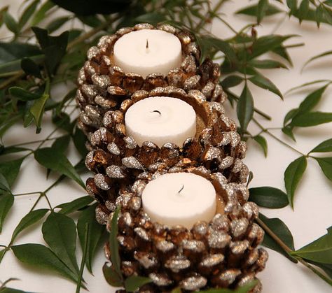 Diy Holiday Candle Holders, Diy Holiday Candles, Christmas Candle Holders Diy, Cone Candles, Pinecone Candle Holder, Holiday Candle Holders, Christmas Candles Diy, Thanksgiving Candles, Pine Cone Candles