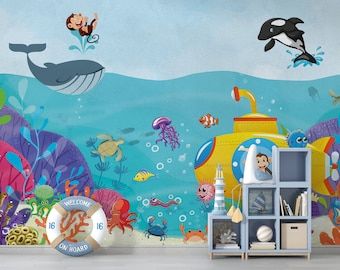 Wallpaper For Playroom, Under The Sea Mural, Nursery Peel And Stick Wallpaper, Under The Sea Wallpaper, Mural For Nursery, The Sea Wallpaper, European Wallpaper, Sea Murals, Chandelier Wall Art