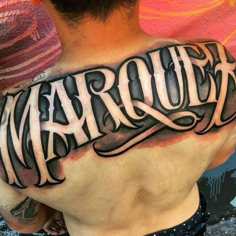 Cholo Font, Name Tattoos On Back, Last Name Tattoo, Back Tattoos For Guys Upper, Est Tattoos, Last Name Tattoos, Blessed Tattoo, Tattoo Name Fonts, Back Of Arm Tattoo