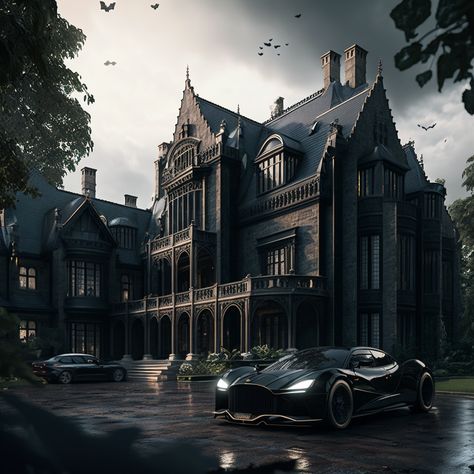 Bruce Wayne Mansion, Modern Gothic House, Gothic House Exterior, Castle House Modern, Black Mansion, Dark Modern House, Castle House Design, Modern Castle, Mansion Exterior