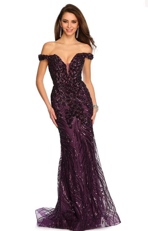 Dave and Johnny style 11002 color: purple size: 00 to 18 Purple Designer Dress, 1500 Dresses, Off Shoulder Mermaid Dress, Purple Prom, Military Ball Dresses, Off Shoulder Gown, Champagne Dress, Exquisite Gowns, Sequin Formal Dress