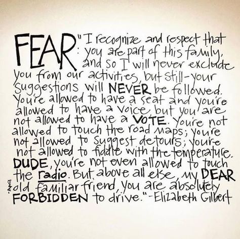 Fear: "You are absolutely forbidden to drive." ~ Elizabeth Gilbert Big Magic Quotes, Elizabeth Gilbert Quotes, Liz Gilbert, Big Magic, Elizabeth Gilbert, New People, Note To Self, Inspire Me, Wise Words