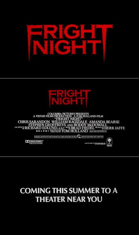 Fright Night (1985) trailer typography – the Movie title stills collection  #horror #movies #horrormovies: Horror Typography, Fright Night 1985, William Ragsdale, Amanda Bearse, Roddy Mcdowall, Chris Sarandon, Film Student, Vintage Films, Horror Font