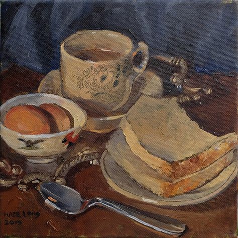 Still Life Breakfast Painting, Breakfast Oil Painting, Cooking Painting Art, Food Paintings Acrylic, Coffee Oil Painting, Breakfast Still Life, Breakfast Drawing, Breakfast Painting, Breakfast Setting