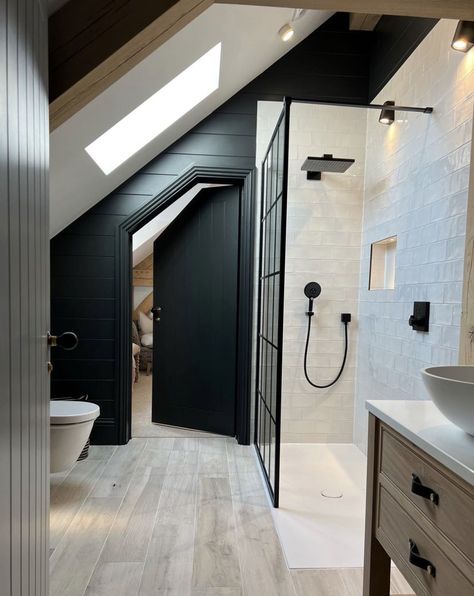 Attic Room With Bathroom, Master Suite Loft Conversion, Attic Bedroom And Bathroom Layout, Attic Guest Suite, Small Bathroom Ideas Attic, A Frame Bathroom Design, Bonus Room Bathroom Ideas, Loft Conversion Bedroom Master Suite Attic Bathroom, Adding A Bathroom To A Garage