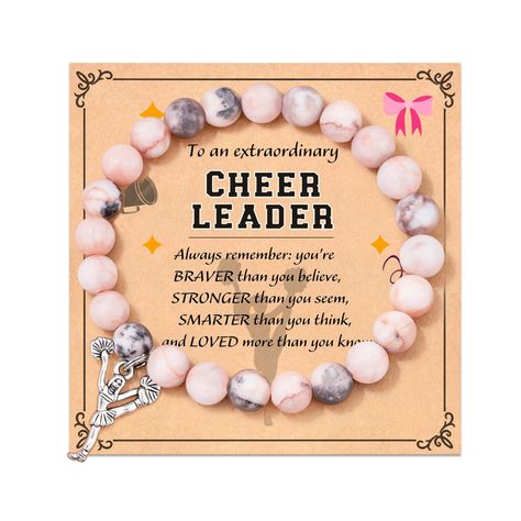 PRICES MAY VARY. ⚾Material⚾: The cheer charm bracelet is made of pink natural stone and alloy pendant, no nickel, no lead, which will not irritate your skin. ⚽The cheerleading bracelet is a stretchy bracelet that fits most women's wrists. 🏀Cheerleader jewelry bracelet comes with a few words on it, expressing your blessing and encouragement to the wearer. 🏈Cheerleader Gift🏈: Cheerleading Coach Gift, inspirational Gift for Cheer Coaches Birthday gifts for cheerleader Christmas Gift. Perfect gif Cheer Coach Gift Ideas, Cheerleader Christmas Gifts, Cheerleading Coach Gifts, Cheerleader Gifts, Cheer Coach Gifts, Cheerleading Gifts, Perfect Gif, Cheer Coaches, Cheer Gifts